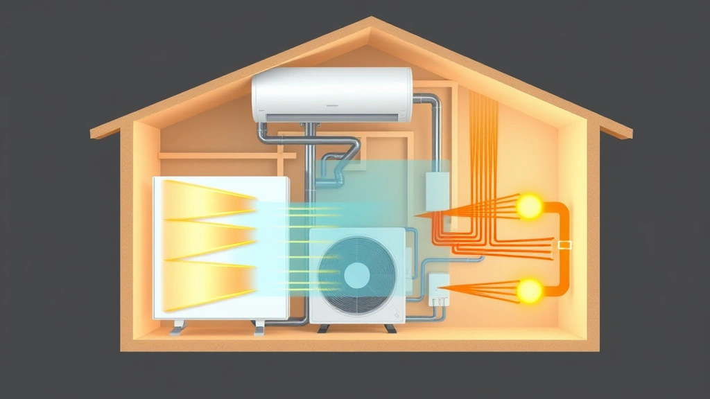 Cross-section diagram visualization of heat pump system installed in home walls showing warm air circulation, clean energy heating technology, technical illustration style