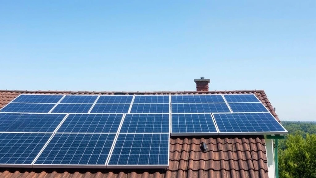 Renewable energy solar panels on residential rooftop with blue sky, professional installation, clean technology focus, natural landscape background, no visible text or branding