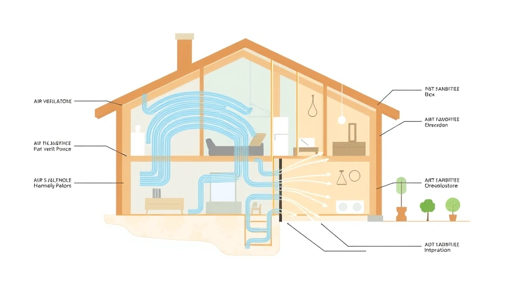 Cross-section diagram visualization of home ventilation systems showing air flow patterns, sustainable building design, technical illustration style, natural earth tones, no text labels