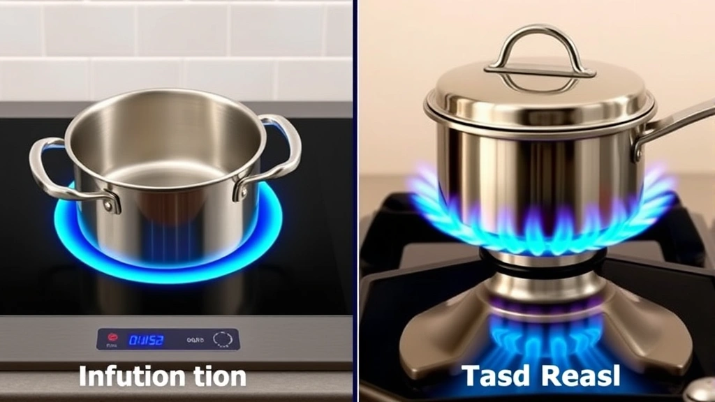 Split-screen comparison showing induction cooktop on left with glowing blue ring heating a stainless steel pot, and traditional gas burner on right with blue flame, both showing cookware from above, educational infographic style