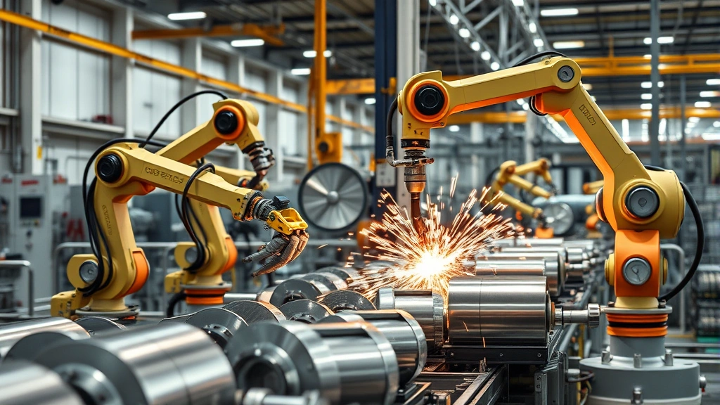 Industrial manufacturing facility with robotic welding arms assembling stainless steel appliance components on assembly line, sparks flying, bright factory lighting, emphasis on precision and quality control