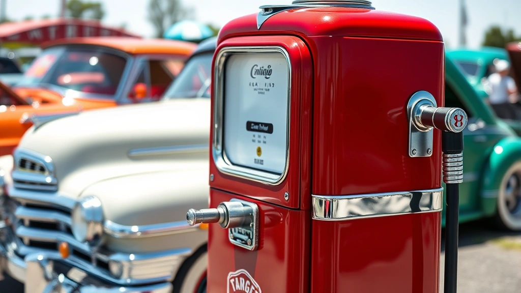 Restored vintage gas pump from 1950s at antique car show, chrome and red enamel finish, professional photography, sunny outdoor setting, no text or signage visible, showing mechanical detail and nostalgic craftsmanship