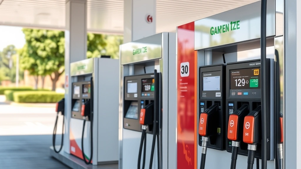 Modern gas station with contemporary fuel dispensers featuring digital displays and vapor recovery hoses, clean lines, environmental technology visible, daytime lighting, no brand logos or text