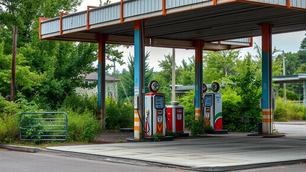Abandoned service station with deteriorating vintage pump infrastructure, overgrown vegetation, weathered metal structures, showing environmental neglect and remediation need, natural outdoor lighting, no people or vehicles