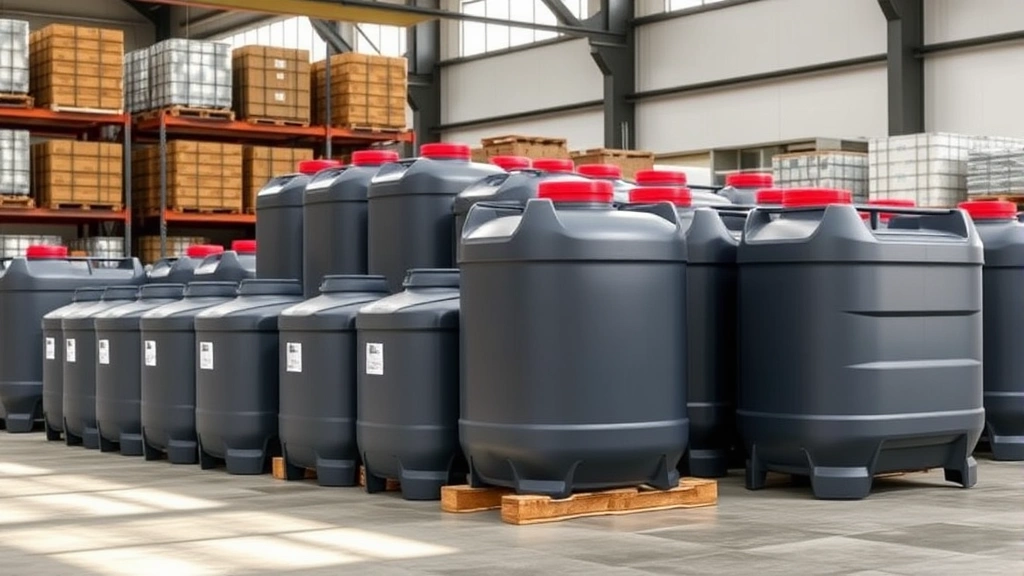 Professional fuel storage containers arranged in an organized warehouse setting with natural light, showing durability and industrial use, no branding or text visible