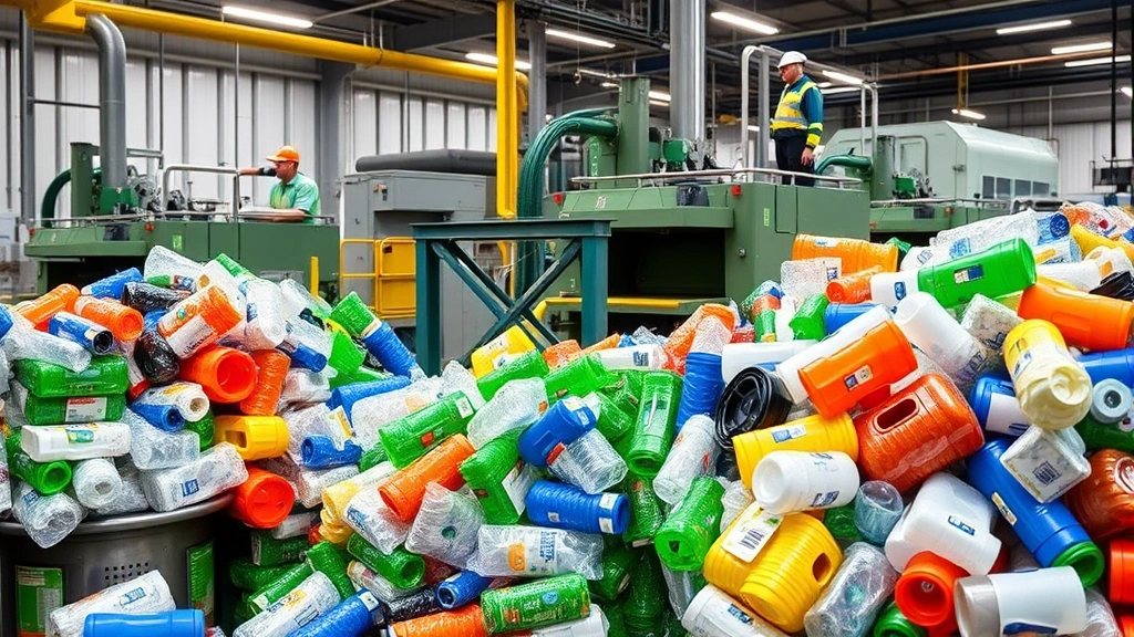 Recycling facility processing sorted plastic materials with machinery and workers, showing circular economy processes for polyethylene containers