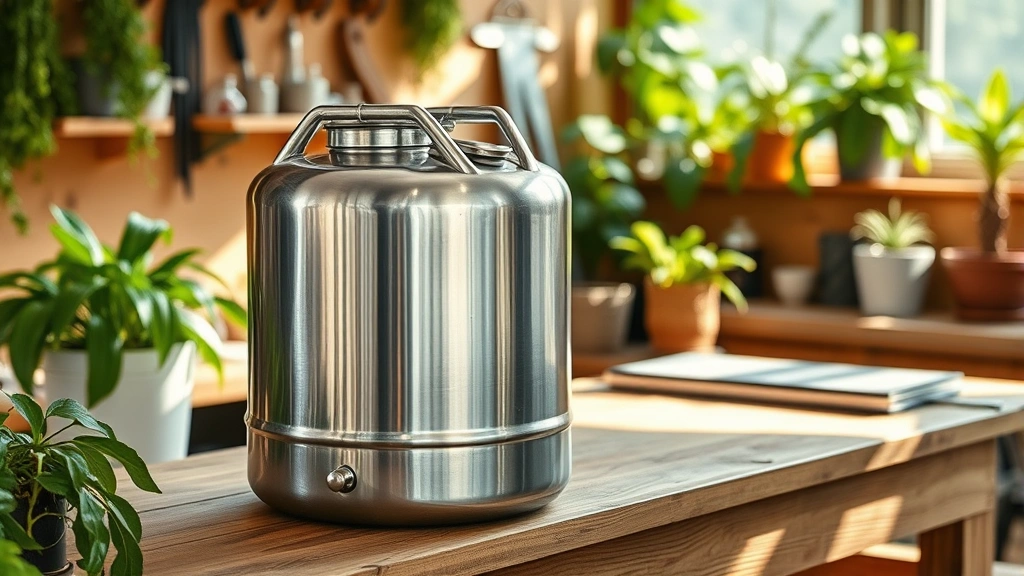 Professional stainless steel fuel container on wooden workbench with natural sunlight, surrounded by green plants and eco-friendly workspace
