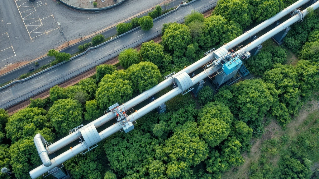 Aerial view of modern natural gas pipeline infrastructure with green vegetation alongside, showing industrial equipment and natural landscape integration, sustainable energy transition