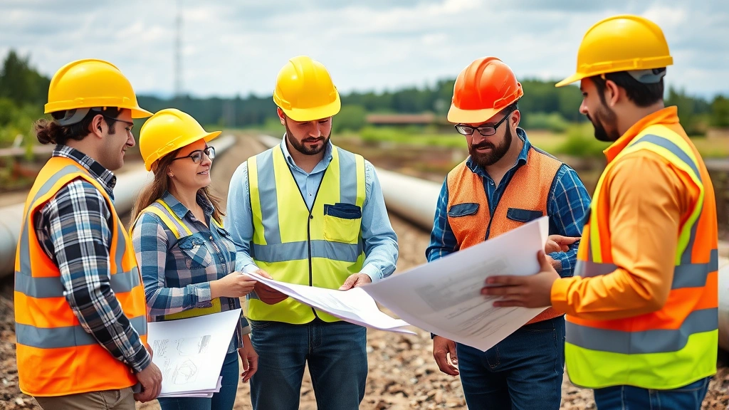 Professional diverse team of engineers and sustainability specialists in hard hats reviewing environmental compliance documents and renewable energy project plans at an outdoor pipeline site