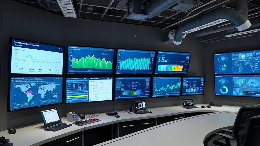 Modern utility control center with multiple digital screens displaying emissions monitoring data, environmental analytics dashboards, and real-time system performance metrics for sustainable operations