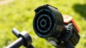 Close-up of a gas-powered weed eater trimmer head with spool visible, showing the internal mechanism and line routing, against a blurred green yard background with natural sunlight