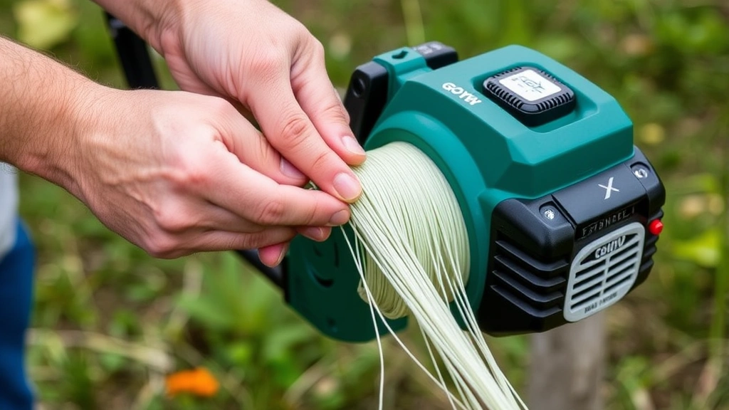 Close-up of hands properly loading biodegradable trimmer string into a gas weed eater head, showing correct tension and alignment with natural outdoor background