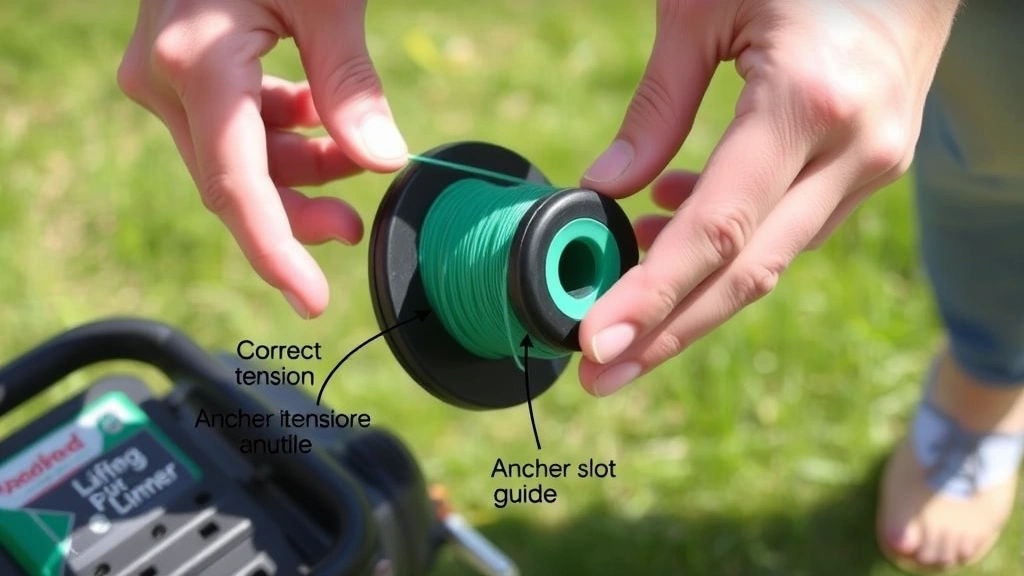 Hands properly winding trimmer line onto weed eater spool with correct tension, showing the anchor slot and guide positioning, outdoor daylight setting with grass visible in background