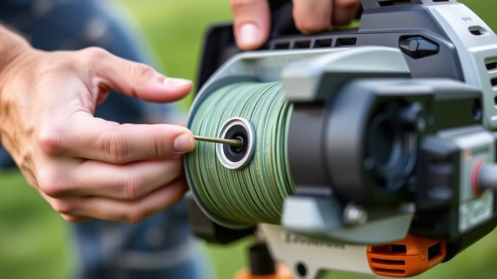 Close-up of hands carefully winding trimmer line onto a spool with proper tension, showing the circular winding pattern and eyelet alignment on a gas weed eater trimmer head
