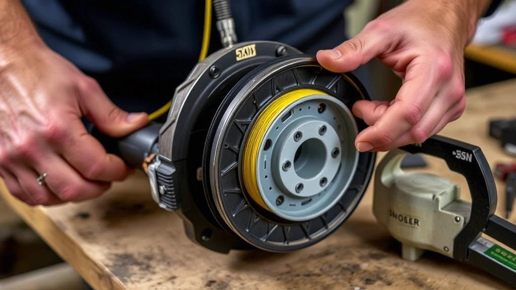 Close-up of hands properly winding trimmer line onto a weed eater spool, showing correct tension and even spacing, with the cutting head assembly partially disassembled on a workbench