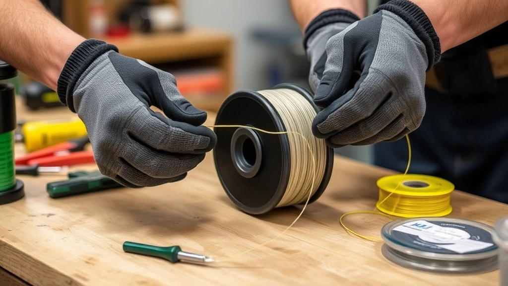Hands wearing work gloves carefully winding fresh trimmer line onto a spool in an organized, even pattern, with tools and replacement line visible on a workbench