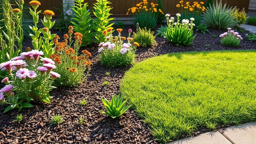 Sustainable yard landscape featuring native flowering plants, mulched gardens, and minimal lawn area with morning dew, demonstrating eco-friendly yard design