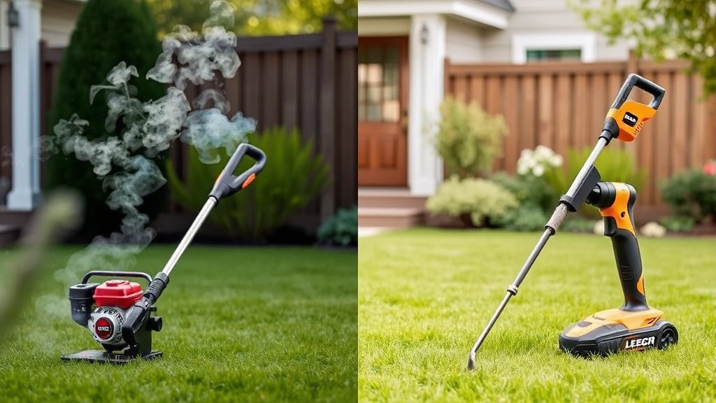 Side-by-side comparison showing gas weed eater emitting visible fumes and electric cordless model operating cleanly in residential yard setting with green lawn