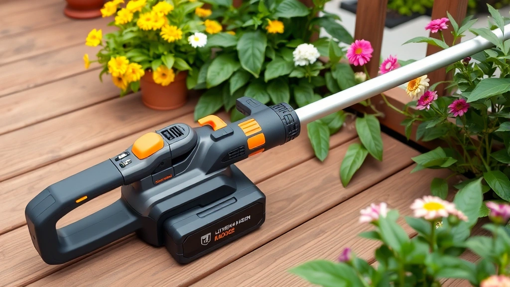 Modern battery-powered electric string trimmer with fully charged lithium-ion battery pack displayed on wooden deck, surrounded by lush green plants and flowers