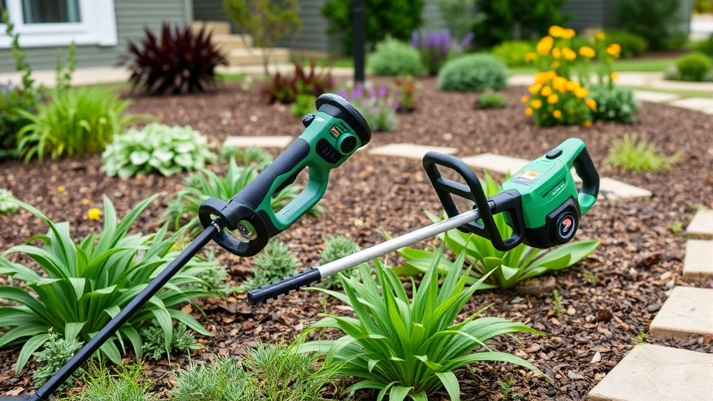 Modern battery-powered electric weed eater next to a traditional gas model in a lush residential garden, with native plants and mulched flower beds visible, demonstrating eco-friendly yard care alternatives