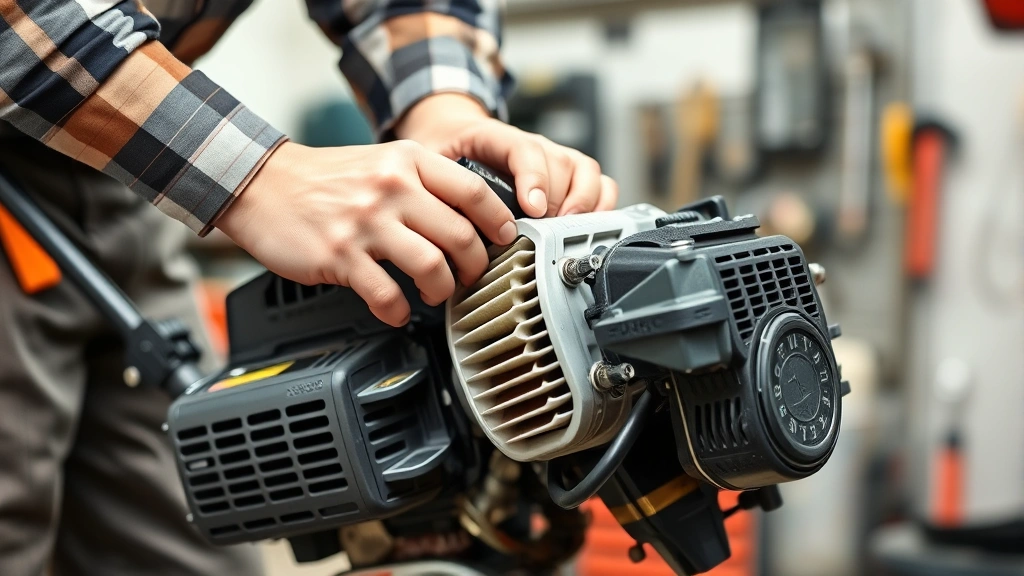 Professional technician performing maintenance on gas weed eater engine, cleaning air filter and checking spark plug with organized tools, representing proper equipment care