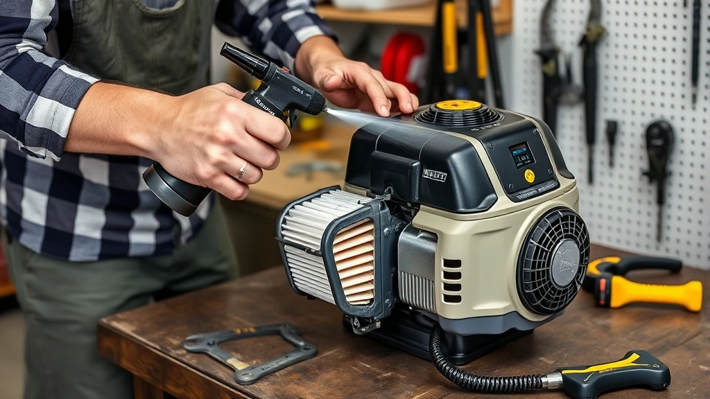 Person performing air filter maintenance on weed eater engine, cleaning filter with compressed air over a workbench with proper maintenance tools displayed