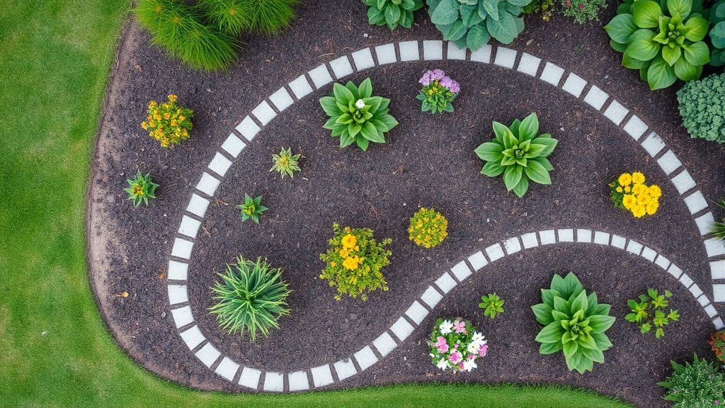 Overhead view of well-maintained yard showing neatly trimmed edges along garden beds, mulched landscape, and native flowering plants creating sustainable habitat space