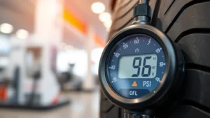 Close-up of modern digital tire pressure gauge displaying PSI reading against blurred gas station background, professional automotive environment, daylight, realistic