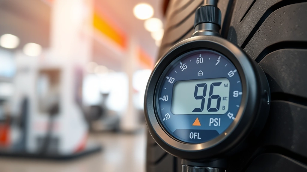 Close-up of modern digital tire pressure gauge displaying PSI reading against blurred gas station background, professional automotive environment, daylight, realistic
