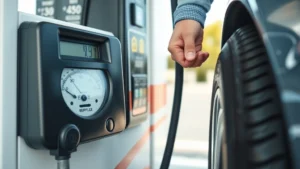 Close-up of a modern self-service air pump at a gas station with a digital pressure display, person checking tire pressure, bright daylight, clean station environment, tire visible