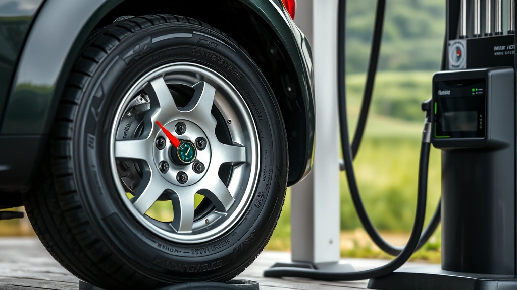 Professional tire being inflated at an air pump station, visible pressure gauge display, green landscape background suggesting environmental sustainability