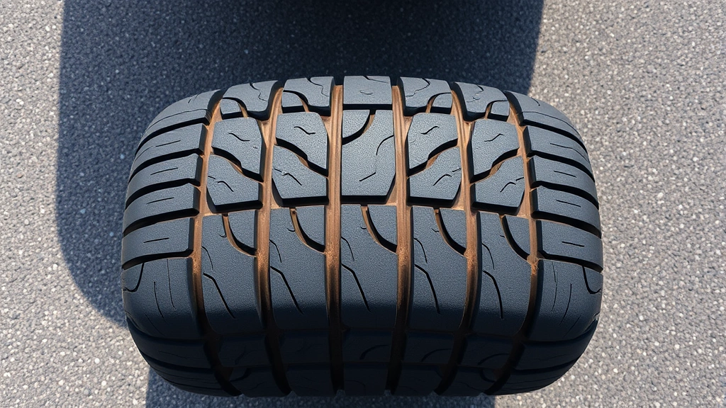 Overhead view of properly maintained vehicle tires on asphalt, showing uniform tread wear and correct inflation, natural daylight with subtle shadows highlighting tire condition