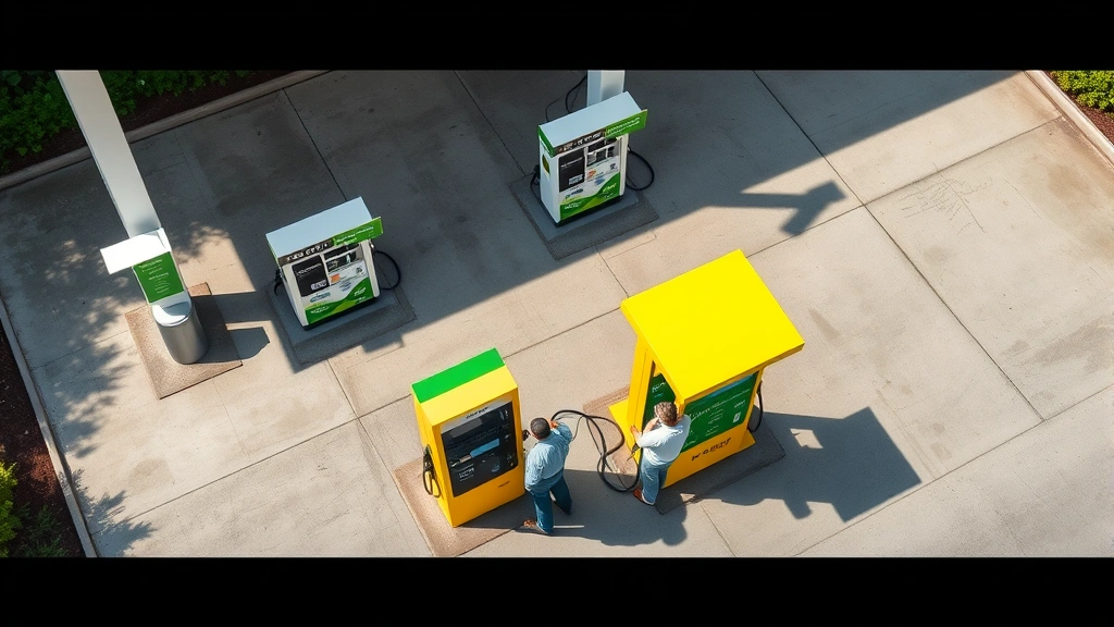 Aerial view of a busy gas station with multiple fuel pumps and a customer using a bright yellow air pump station, surrounded by green landscaping and eco-friendly signage, natural daylight