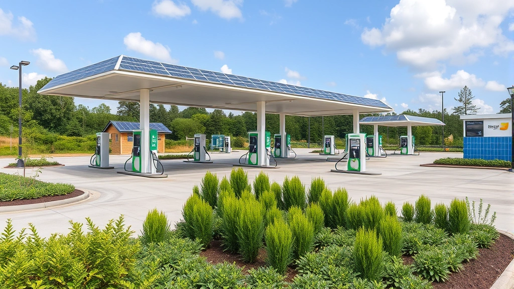 Wide shot of eco-friendly gas station with green landscaping, solar panels visible, multiple air pump stations in background, sustainable infrastructure design