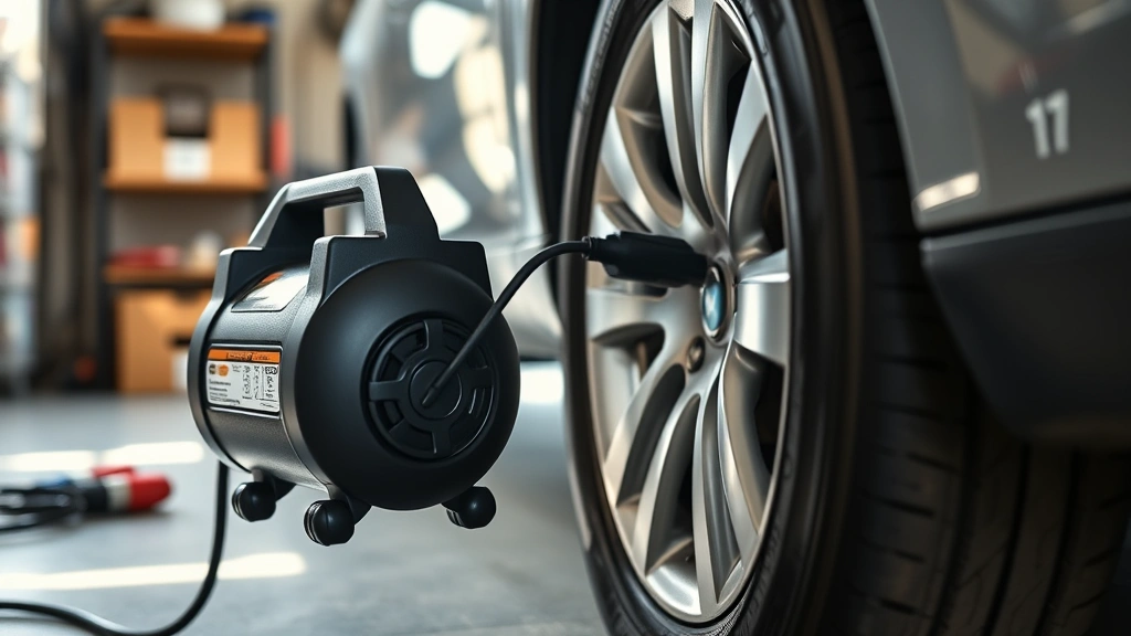 Portable 12-volt air compressor plugged into car cigarette lighter with inflated tire visible, showing practical home maintenance setup in garage setting, natural lighting