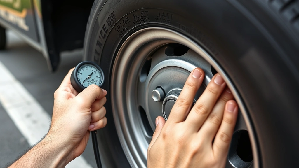 Close-up of person's hands using tire pressure gauge on vehicle wheel, showing proper tire maintenance technique, outdoor parking area, natural lighting, no labels