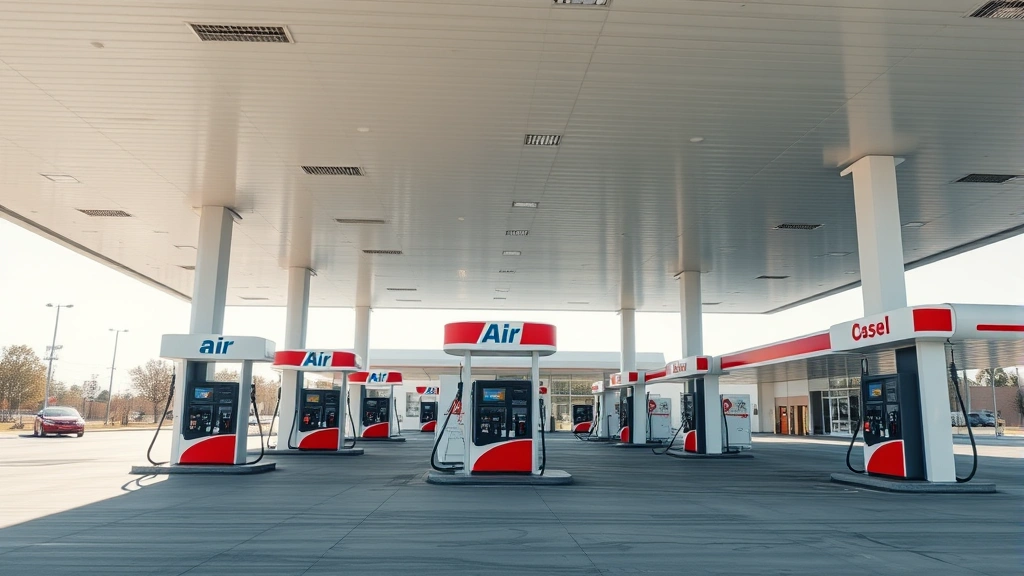 Wide shot of a modern gas station with multiple fuel pumps and air stations visible, clean infrastructure, daytime lighting showing the convenience amenities