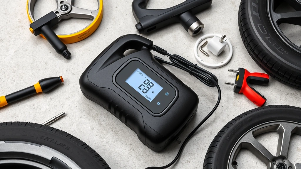 Portable tire inflator with digital display and charging cable laid out on clean surface, surrounded by tire maintenance tools, professional product photography with neutral background