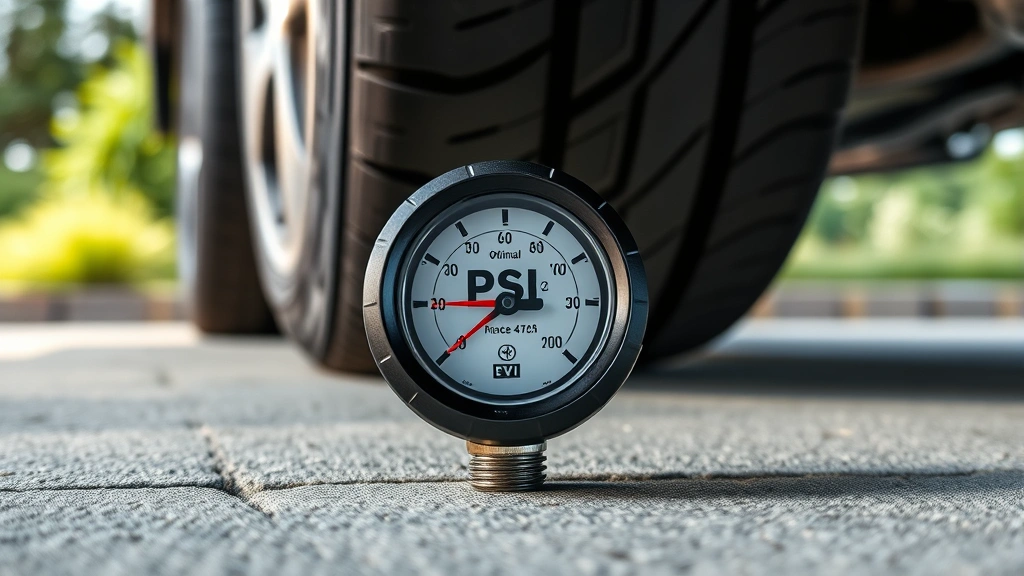 Wide shot of a modern tire pressure gauge displaying optimal PSI reading against a backdrop of properly maintained vehicle tires on a clean concrete surface with environmental sustainability messaging subtly visible