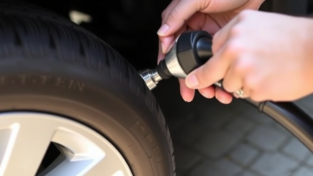 Hands inserting air pump nozzle onto tire valve stem, proper technique demonstration, clean tire and rim, outdoor daylight, instructional clarity without text