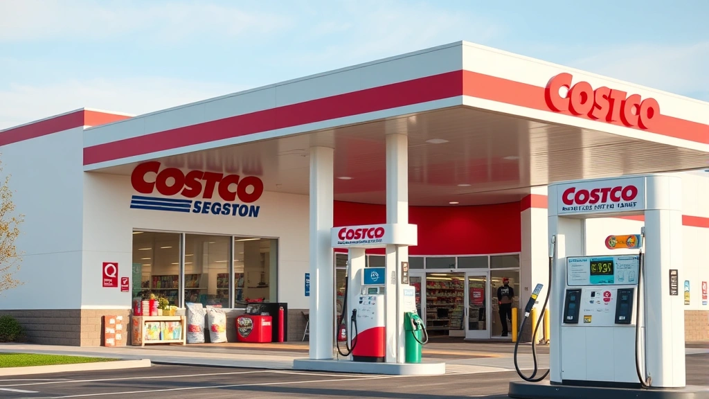 Costco Gas Station exterior with visible air pump station in foreground, clean modern design, daytime photography, customer-focused amenity area