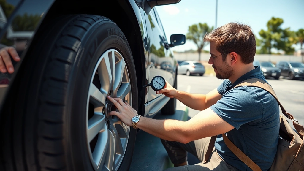 Eco-conscious driver checking tire pressure on their vehicle in a parking lot, showing proper technique with pressure gauge, sustainable driving concept, outdoor natural lighting, clear day