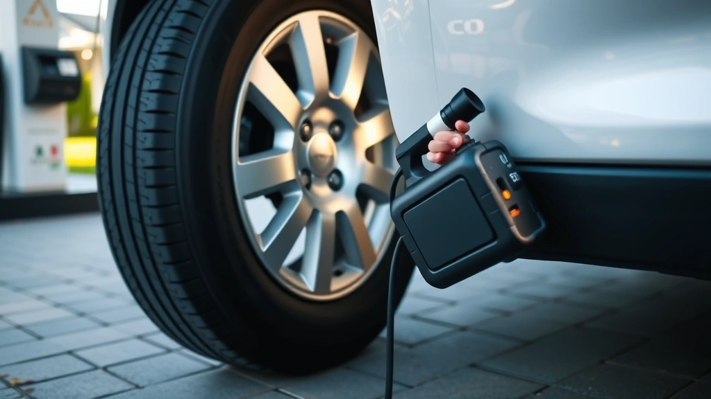 Portable battery-powered tire inflator being used on vehicle tire in driveway, showing modern alternative to gas station air pumps, daylight, residential setting, no text