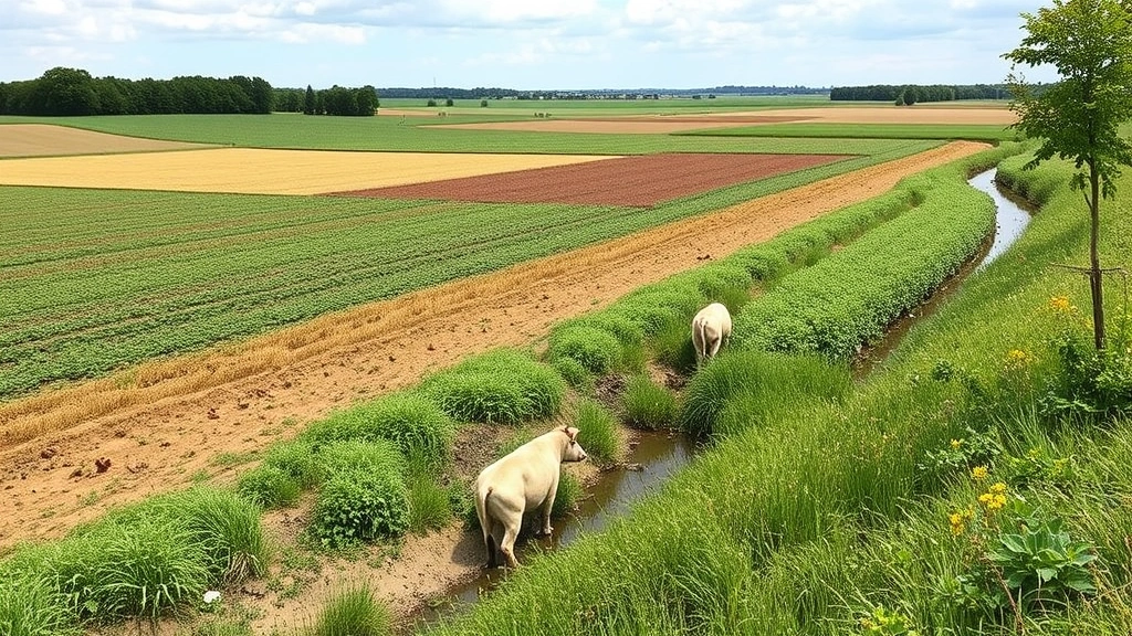 Sustainable agricultural landscape featuring diverse crop rotation fields, cover crops, and native vegetation buffers protecting waterways from erosion and runoff