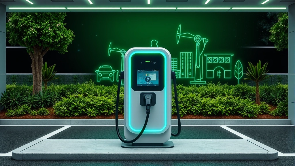Electric vehicle charging station with modern design, showing cables and charging infrastructure, with green energy and sustainable transportation symbolism in background