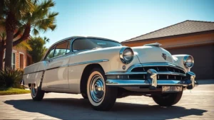Vintage classic car parked in sunny driveway with clear blue sky, showing pristine condition and polished exterior, photorealistic automotive photography