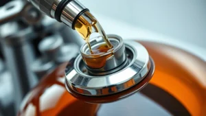 Close-up of clear ethanol-free gasoline being pumped into a vintage motorcycle fuel tank, showing the transparent amber liquid and chrome fuel cap, professional laboratory lighting, clean and detailed