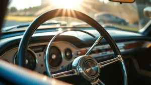 Close-up of vintage car dashboard and steering wheel with chrome details, warm sunlight streaming through windshield, emphasizing classic automotive heritage and timeless design