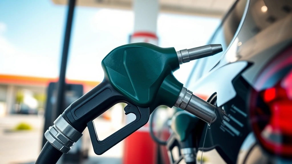 Close-up of fuel pump nozzle at gas station dispensing fuel into vehicle tank opening, showing detail of modern refueling equipment, daylight setting