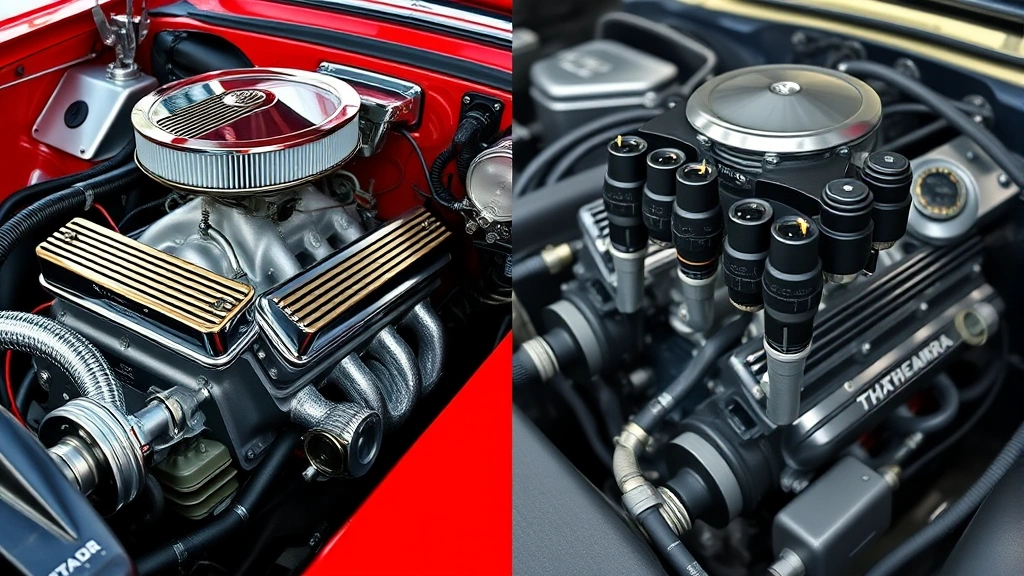 Split-screen comparison showing a well-maintained classic car engine with chrome details on left side and modern fuel injector system on right side, demonstrating engine compatibility differences